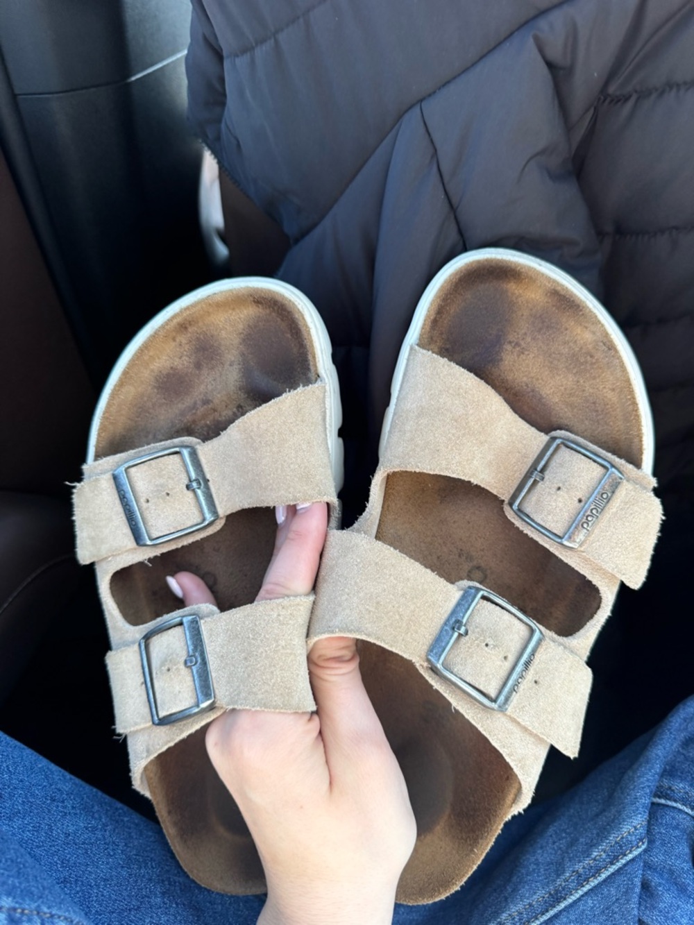 Birkenstock Suede Double-Buckle Sandals in Beige